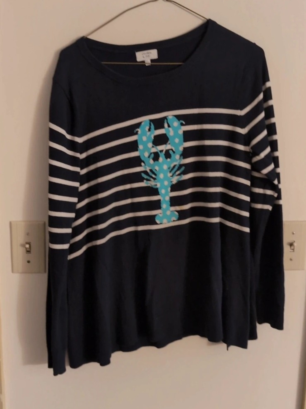 crown & ivy Navy Striped Sweater with Aqua Polka-Dot Lobster